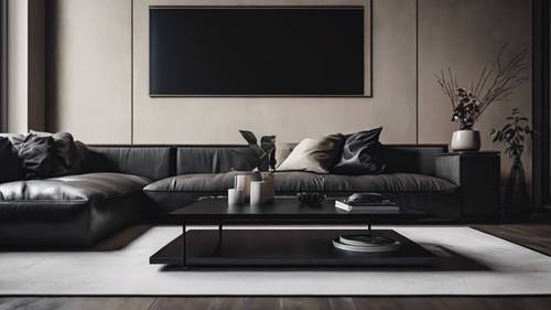A dark, minimalist living room with a sleek, black coffee table as the centerpiece.