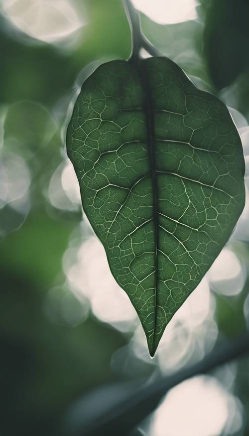 Uma foto detalhada de uma folha verde escura e aveludada, com veias intrincadas brilhando sob uma luz suave.