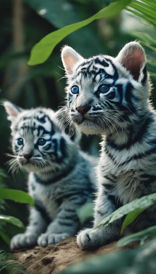 Múltiples gatitos tigres azules explorando una exuberante jungla verde.