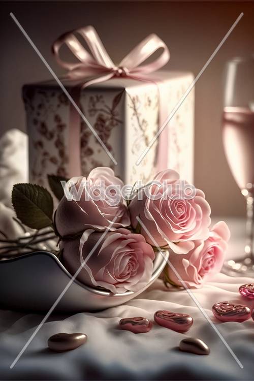 Eleganti rose e confezione regalo in luce soffusa