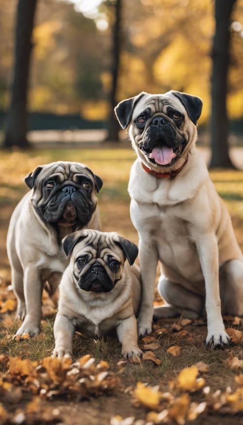 Eine Familie mit verschiedenen Hunderassen, vom Mops bis zur Deutschen Dogge, spielt fröhlich zusammen in einem Park.