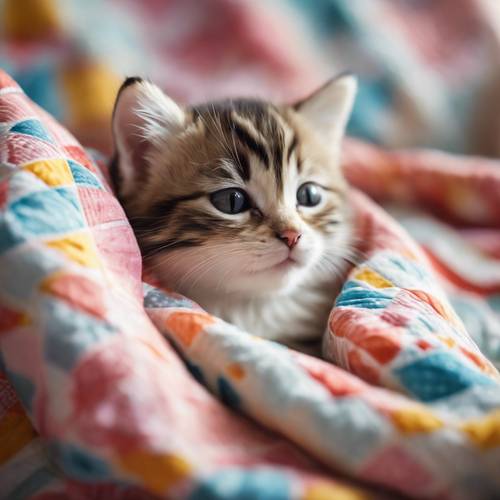 A munchkin kitten sleeping comfortably in a brightly colored quilt, with the morning sunshine softly spilling in through the window.