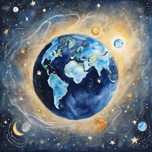 Eine Kinderzeichnung unseres Planeten Erde, der blauen Murmel, umgeben von hellen Sternen und dem Mond.