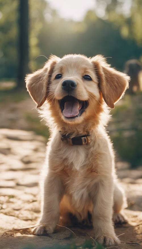 Un chiot mignon haletant lourdement après une longue partie de jeu sous le soleil éclatant de l&#39;après-midi d&#39;été.