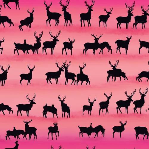 一群鹿在棉花糖粉紅夕陽下的剪影