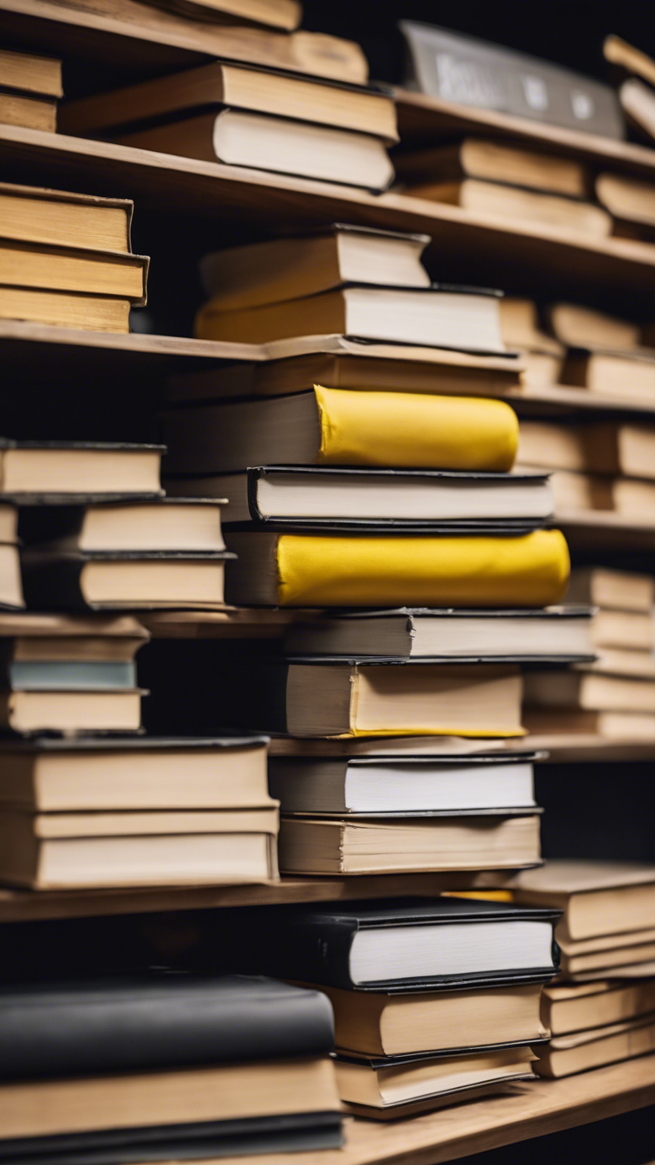 A stack of books with black and yellow covers neatly arranged on a wooden shelf. Wallpaper[a88d8d79a08f4734ad7e]