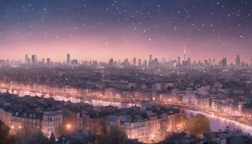 Ein Panoramablick auf die pastellfarbene Skyline einer Stadt in der Dämmerung, in der gerade die Sterne auftauchen.