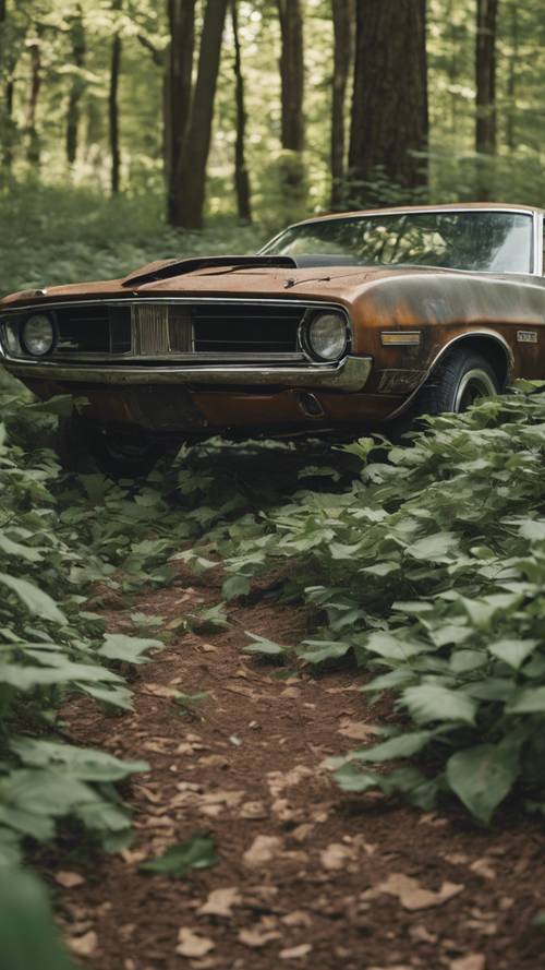 A rusty, abandoned classic American muscle car from the 1970s, covered in climbing ivy and settled in an overgrown forest