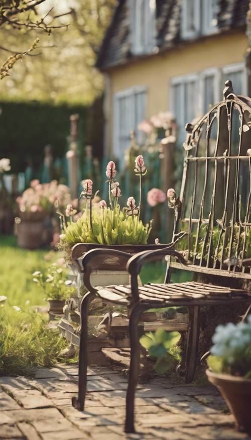 Eine Frühlingsgartenszene im Vintage-Stil, komplett mit Lattenzaun und Gartenmöbeln aus Eisen.