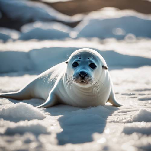 Un cucciolo di foca bianco che si crogiola al sole di mezzogiorno dopo una nuotata in acque ghiacciate.