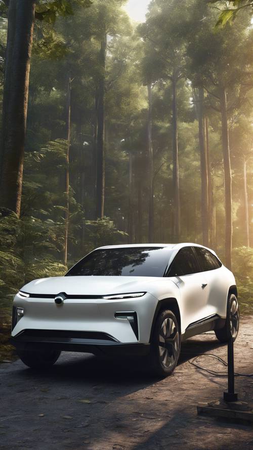 A sleek, white, electric SUV charging at a charging station in the middle of a dense forest.