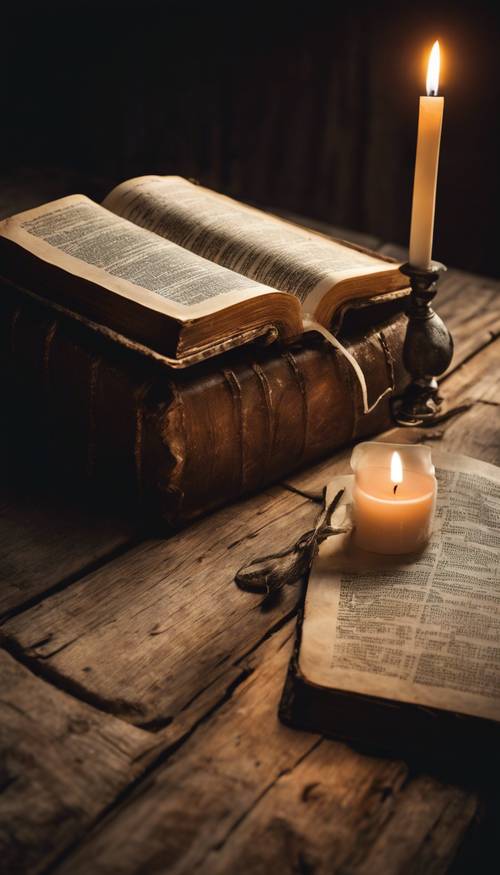 Stara, zniszczona Biblia otwarta na fragment Psalmów, widoczny na starym drewnianym stole, w słabo oświetlonym pokoju z pojedynczą świecą jako źródłem światła. Tapeta [9297d9cab67846d0862d]