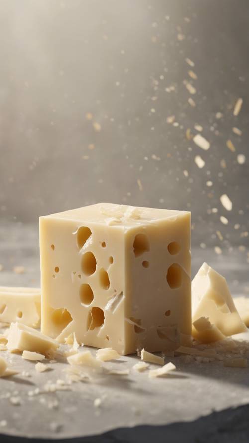 Ein Stillleben eines geöffneten Parmesanblocks mit Käsesplittern darum herum.