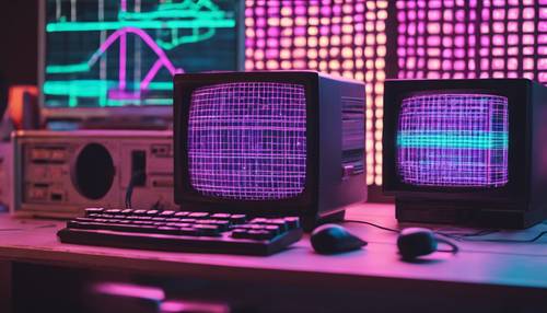 Ekranında vaporwave&#39;in özünü yakalayan neon ızgaralara sahip eski bir bilgisayar.