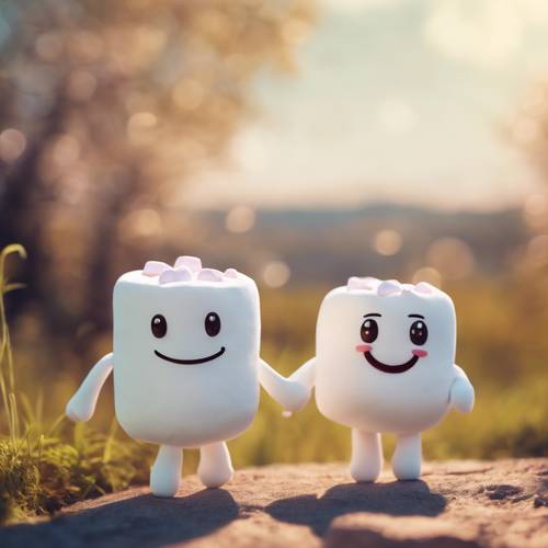Um par de personagens sorridentes de marshmallow andando de mãos dadas sob um céu de verão, perfeito para uma história infantil.