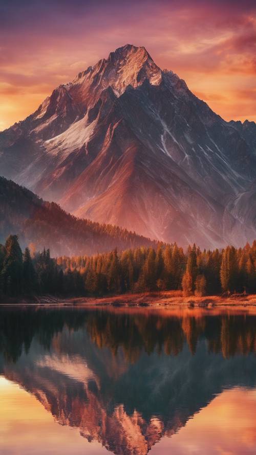 Un tramonto colorato su una maestosa catena montuosa riflessa in un lago calmo.