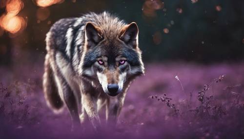 Serigala dengan mata ungu cerah, berkeliaran di malam yang diterangi cahaya bulan.