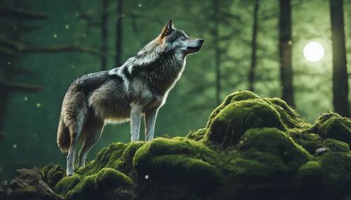 A green wolf standing atop a moss-covered rock, howling at the full moon. Tapeta [29358de3048949f7b26d]