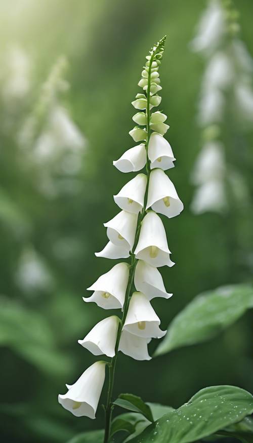 A painting of a delicate white foxglove flower swaying in gentle sent breeze among a sea of green leaves. Tapet [a9e25f261cbe4eb096df]