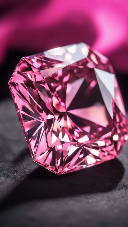 Ярко-розовый бриллиант с блестящим блеском лежит на черной бархатной ткани.