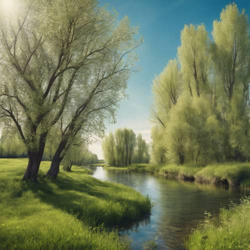 Une rivière de campagne tranquille, bordée d&#39;aulnes en bourgeons, serpentant à travers une prairie luxuriante sous un ciel bleu clair.