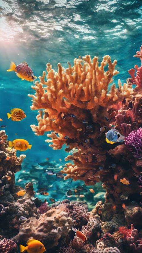 Perspektif bawah air dari dunia bawah laut yang semarak dengan terumbu karang berwarna-warni yang dipenuhi ikan-ikan eksotis.