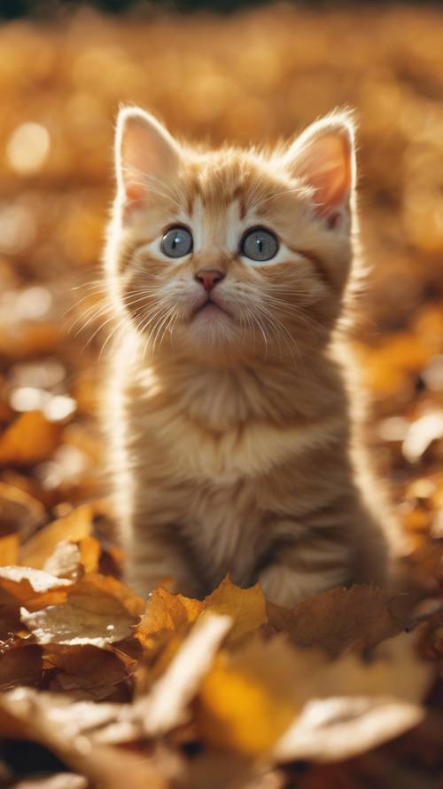 A chubby yellow kitten playing in a sea of autumn leaves.