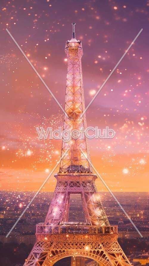 Menara Eiffel Berkilau saat Matahari Terbenam
