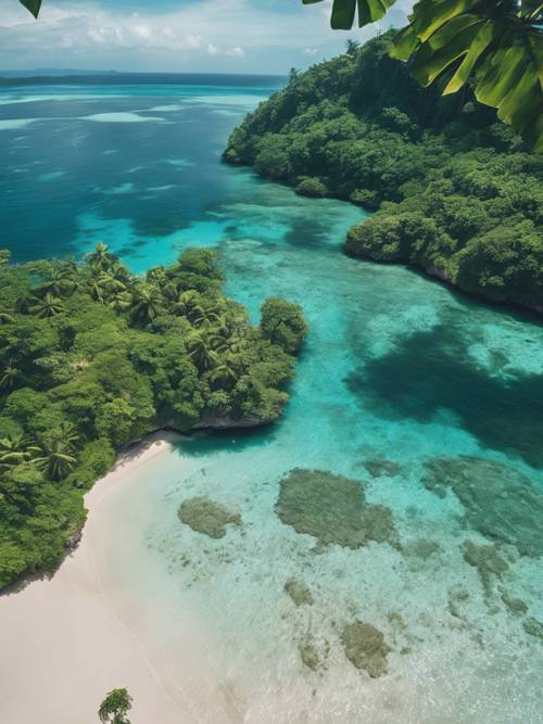 Une vue plongeante sur une île tropicale luxuriante entourée d’un océan d’un bleu profond.