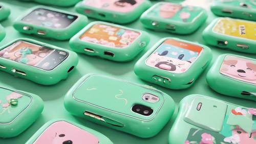 Tampilan jarak dekat dari ponsel pintar bertema kawaii berwarna hijau mint dengan ikon aplikasi yang menggemaskan.