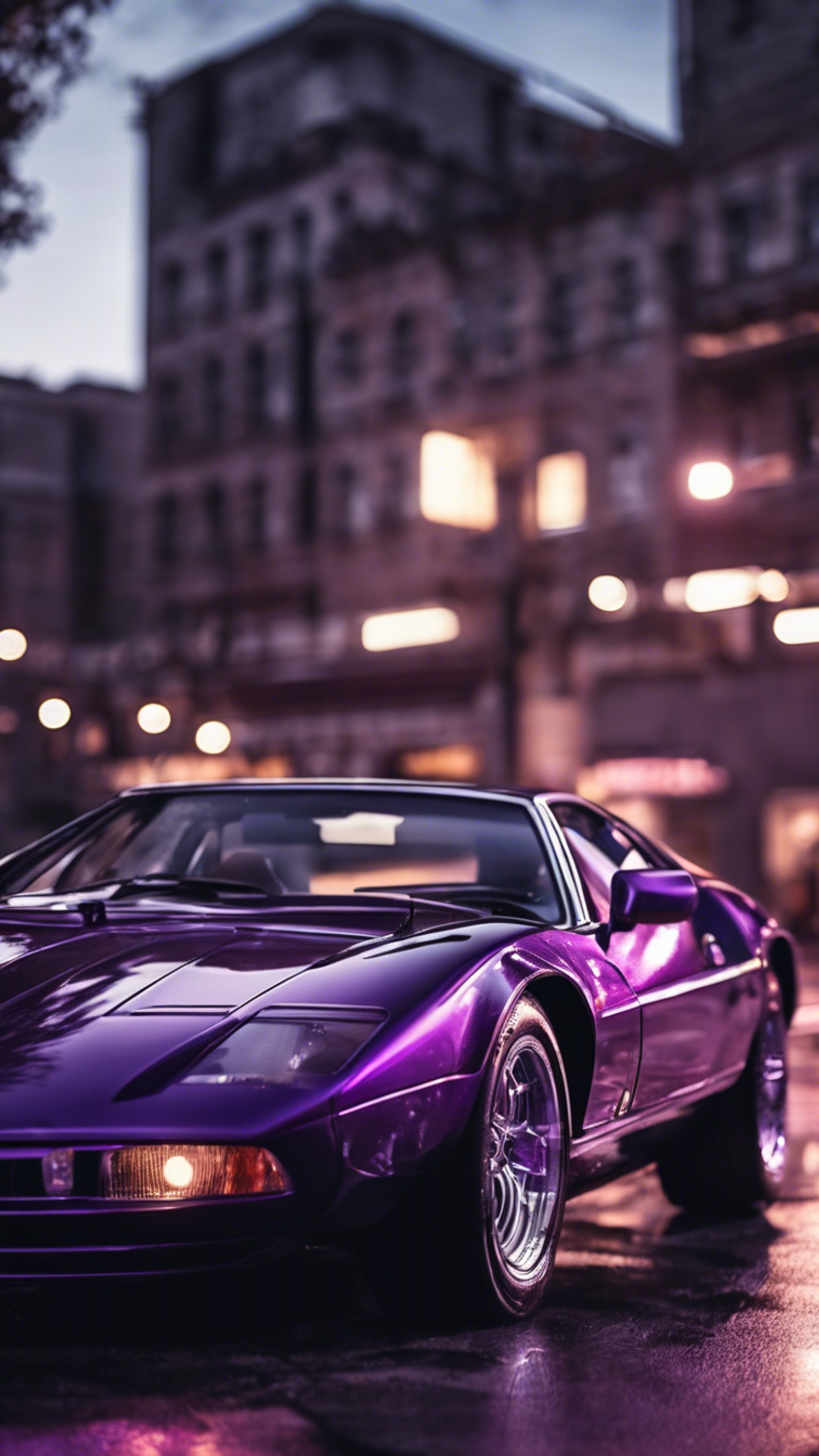 A sleek shiny sportscar, in a cool dark purple hue. Wallpaper[7dc89e05fe314840a57c]