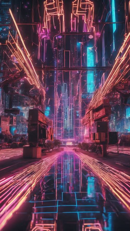 Ein Neonlichtfestival im Y2K-Stil, das eine Reihe kaleidoskopischer Strahlen über eine futuristische Stadtlandschaft wirft.