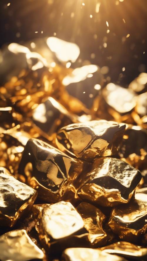 Une vue esthétique de morceaux d’or brillant sous un soleil radieux