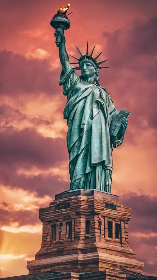 Одинокая высокая Статуя Свободы, возвышающаяся на фоне яркого заката.