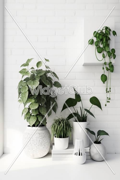 Зеленые растения на фоне стены из белого кирпича