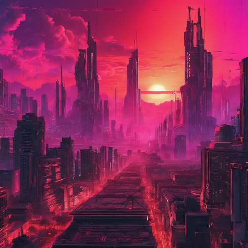 Ogromne cyberpunkowe miasto z ciemnymi wieżami pod płonącym czerwonym zachodem słońca.