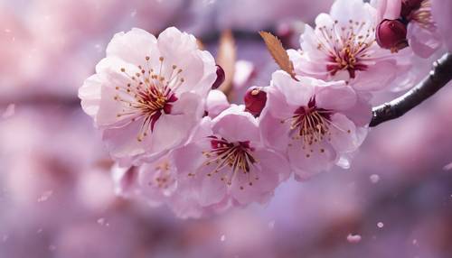 Lukisan bunga sakura Jepang yang berorientasi pada detail dengan kelopak ungu yang halus.