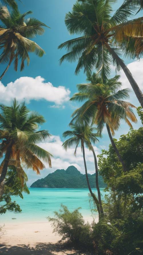 A sunny tropical island with lush green palm trees and azure blue sea.