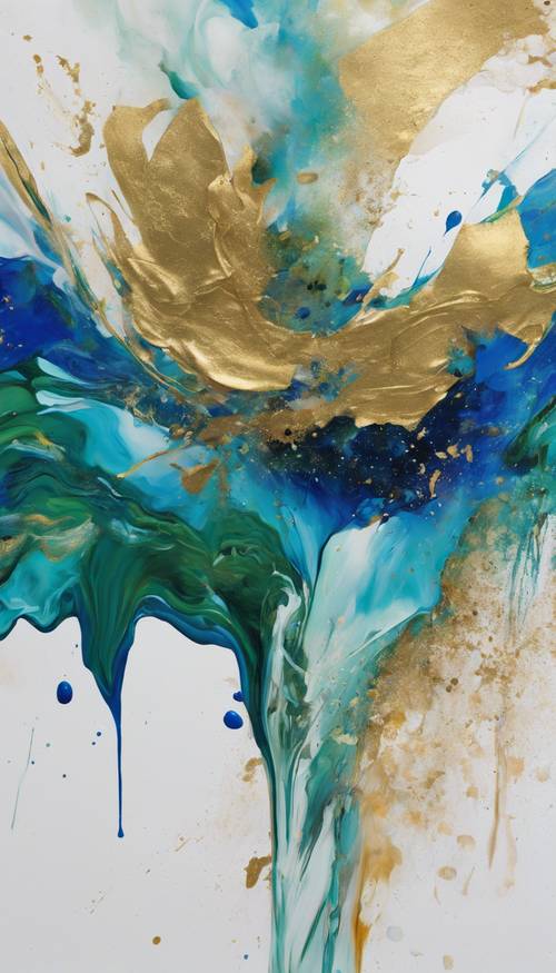 Nowoczesny obraz abstrakcyjny z odważnymi plamami błękitu, zieleni i złota na białym płótnie.