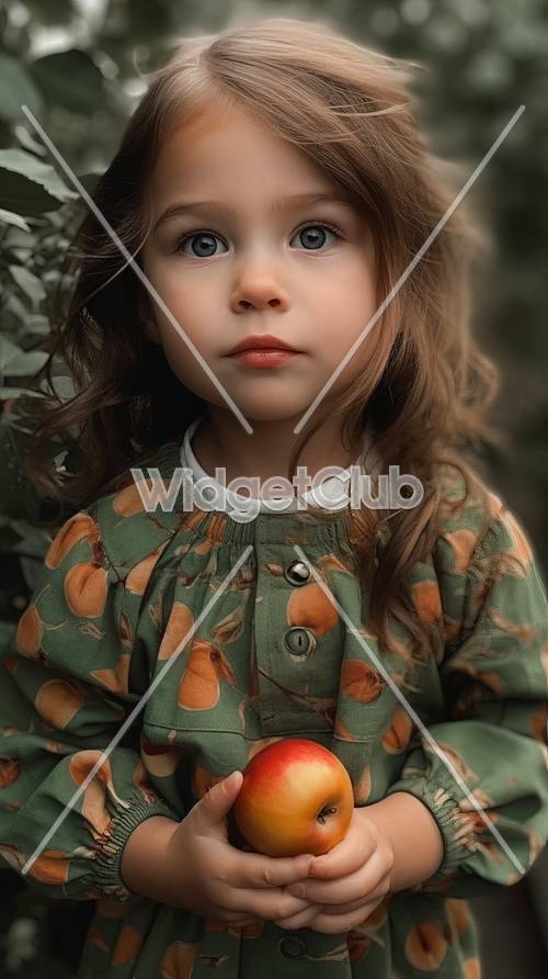 Kleines Mädchen in einem Obstkleid hält eine Orange Hintergrund [fc47b3d2f3bc43a989c2]