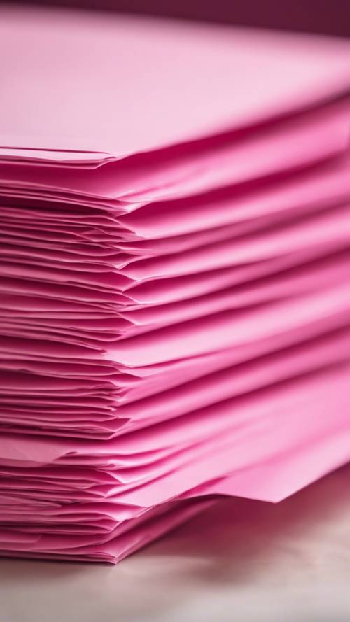 A stack of pink Christmas-letter envelopes waiting to get mailed.