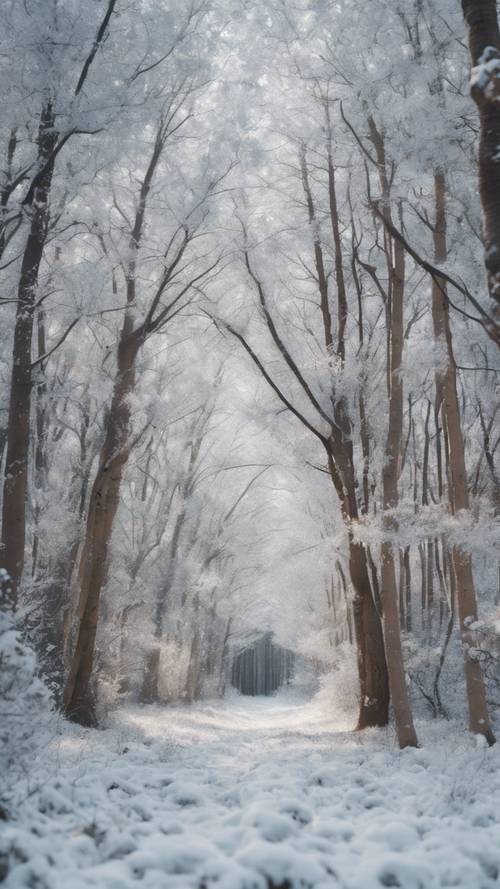 Hutan yang dipenuhi kilau putih, membayangkan dongeng musim dingin