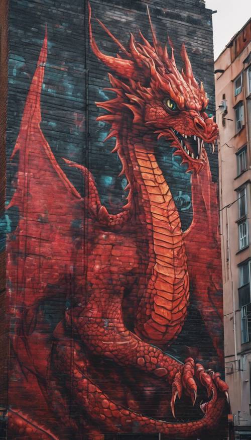 Ein großes Graffiti-Wandbild mit einem roten Drachen, das im Abendlicht der Stadt leuchtet.