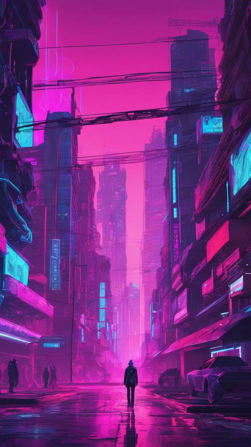 Eine futuristische Stadtlandschaft in Neonblau- und Lilatönen in einer Cyberpunk-Welt.
