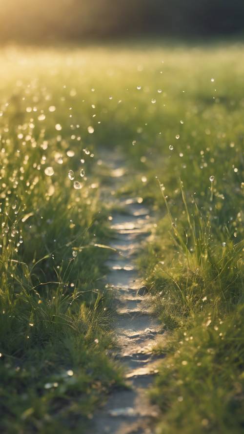 Jejak kaki halus di padang rumput yang basah kuyup saat matahari terbit di musim semi.