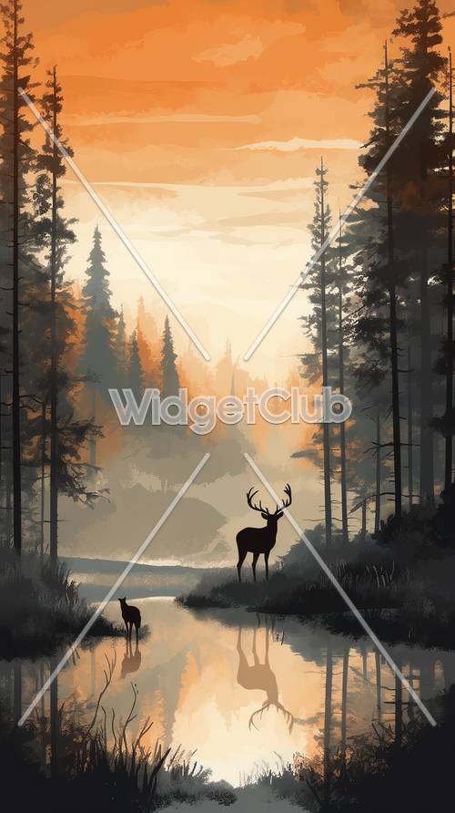 Sunrise in the Forest with Deer