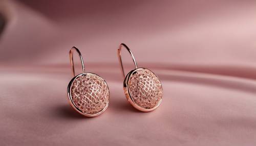 Un paio di orecchini pendenti geometrici in oro rosa su un cuscino di velluto.