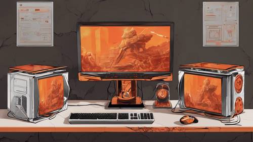 A computer desktop setup showcasing an orange and red gaming themed wallpaper on three surrounding monitors.