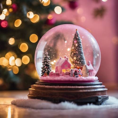 A pink Snow-globe featuring a charming toyshop scene under a sparkling Christmas tree. Тапет [d8f3bb5bba164e6f936e]