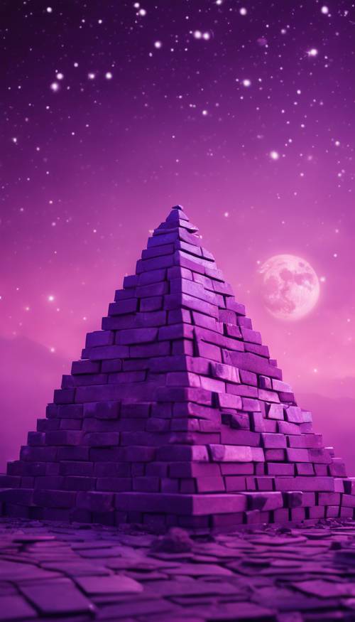 Una piramide costruita con lucenti mattoni viola sotto la brillante luce della luna.
